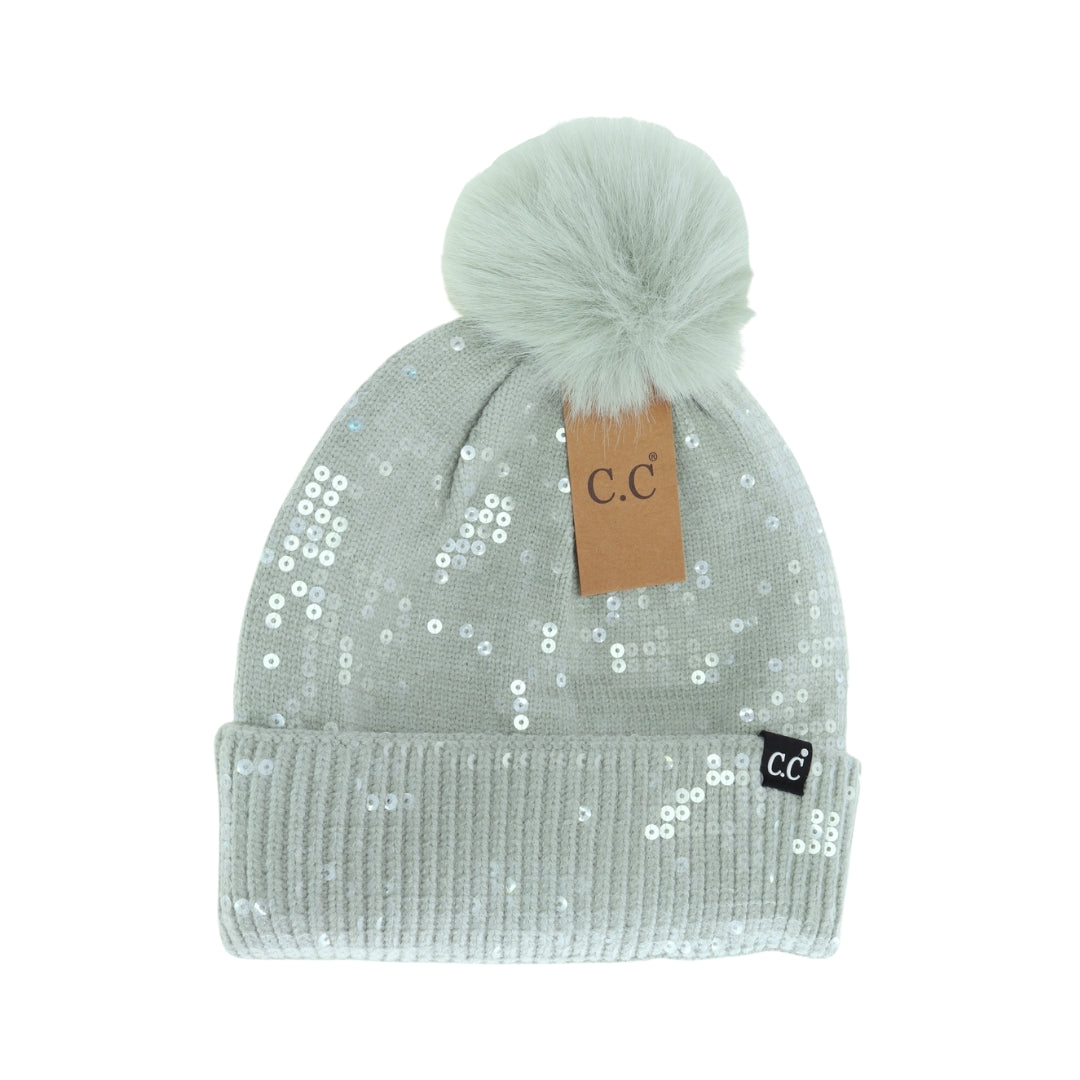 Allover Clear Sequin Faux Fur Pom C.C Beanie HTC0044