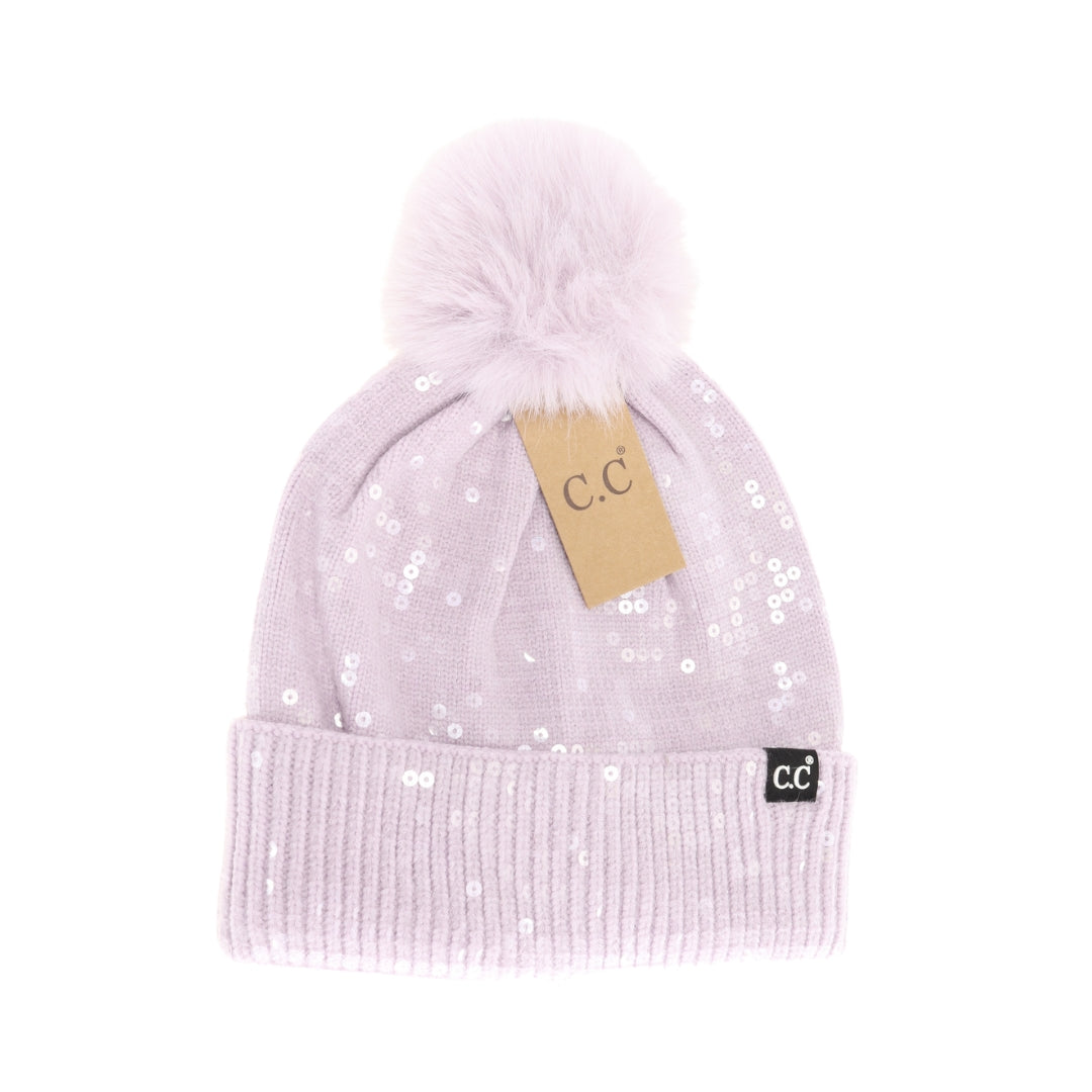 Allover Clear Sequin Faux Fur Pom C.C Beanie HTC0044