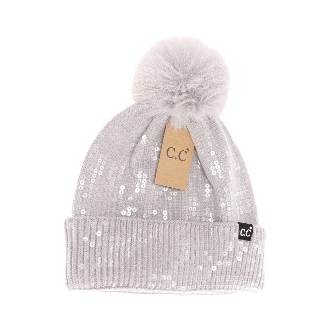 Allover Clear Sequin Faux Fur Pom C.C Beanie HTC0044