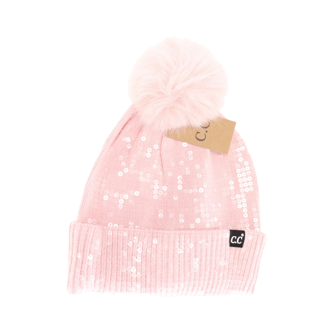 Allover Clear Sequin Faux Fur Pom C.C Beanie HTC0044