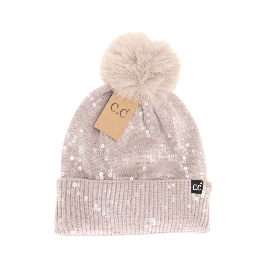 Allover Clear Sequin Faux Fur Pom C.C Beanie HTC0044