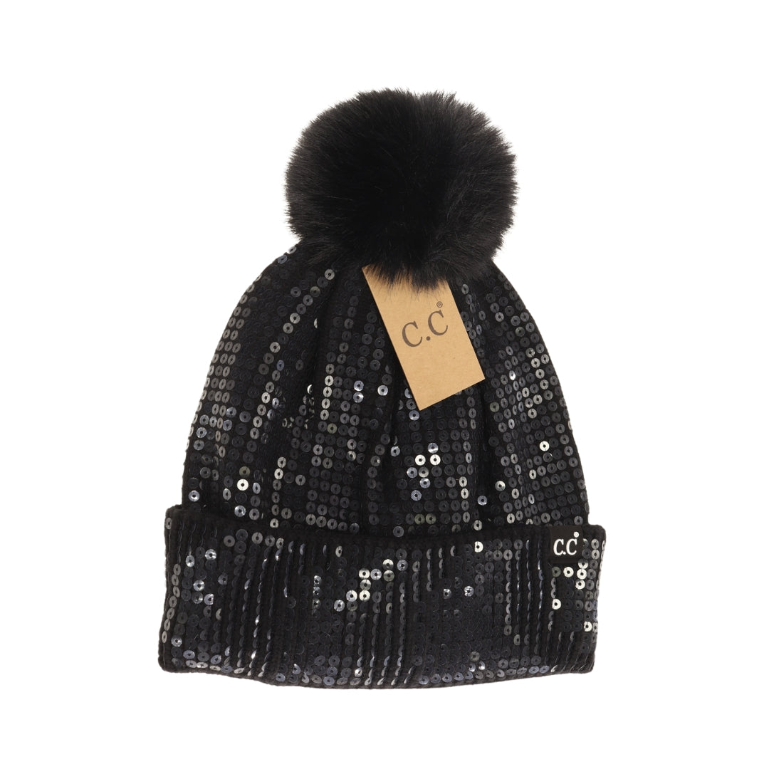 Allover Clear Sequin Faux Fur Pom C.C Beanie HTC0044