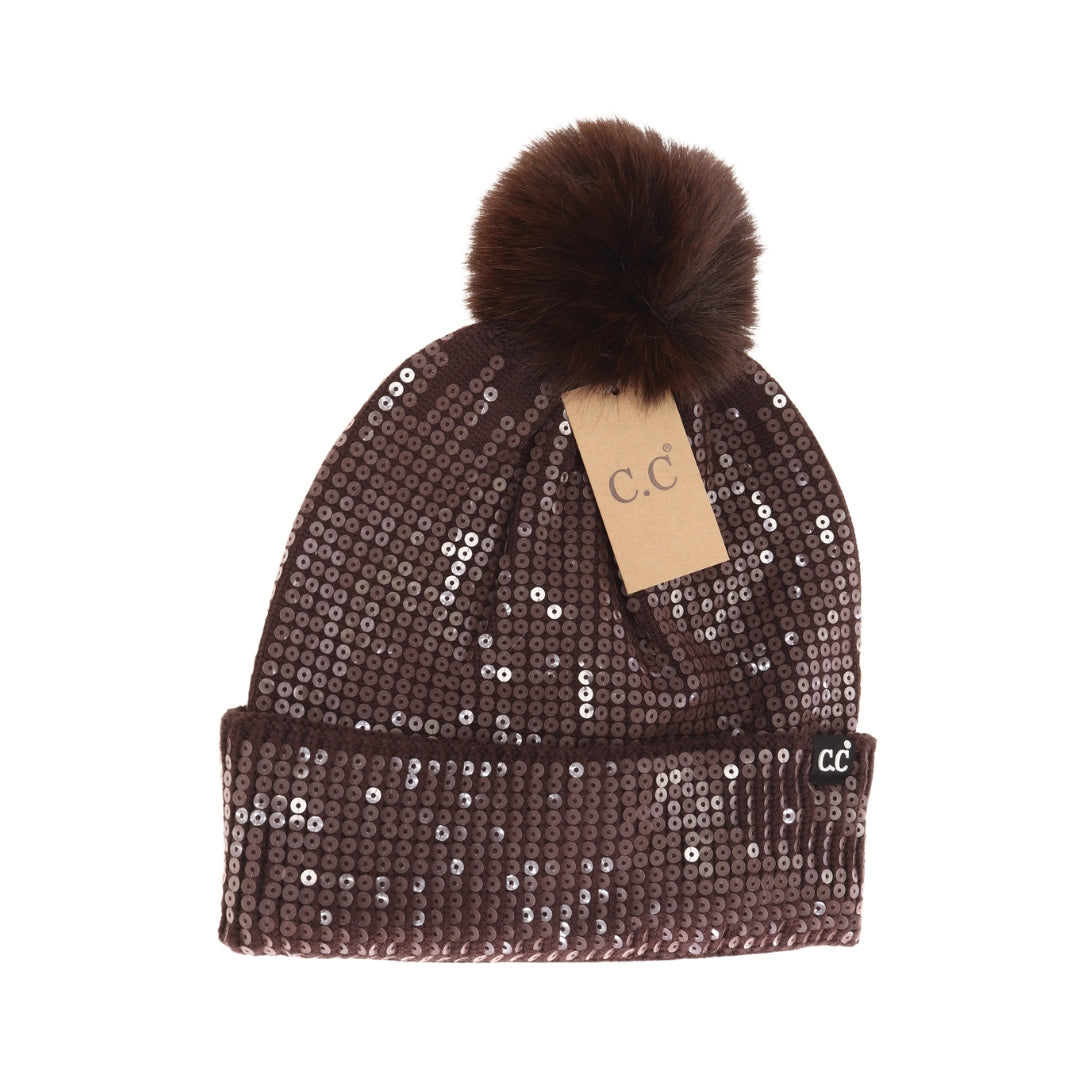 Allover Clear Sequin Faux Fur Pom C.C Beanie HTC0044