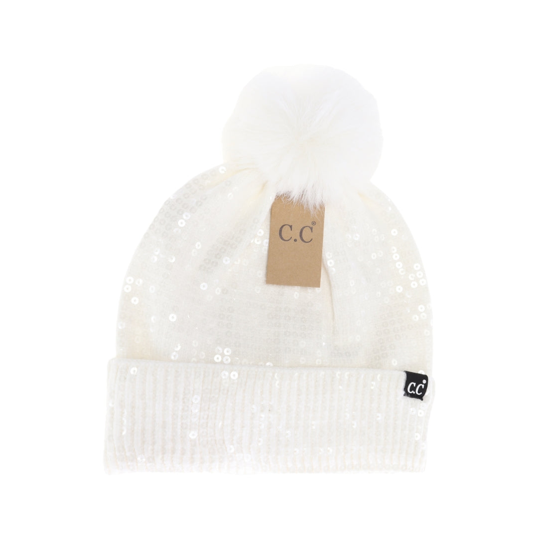 Allover Clear Sequin Faux Fur Pom C.C Beanie HTC0044