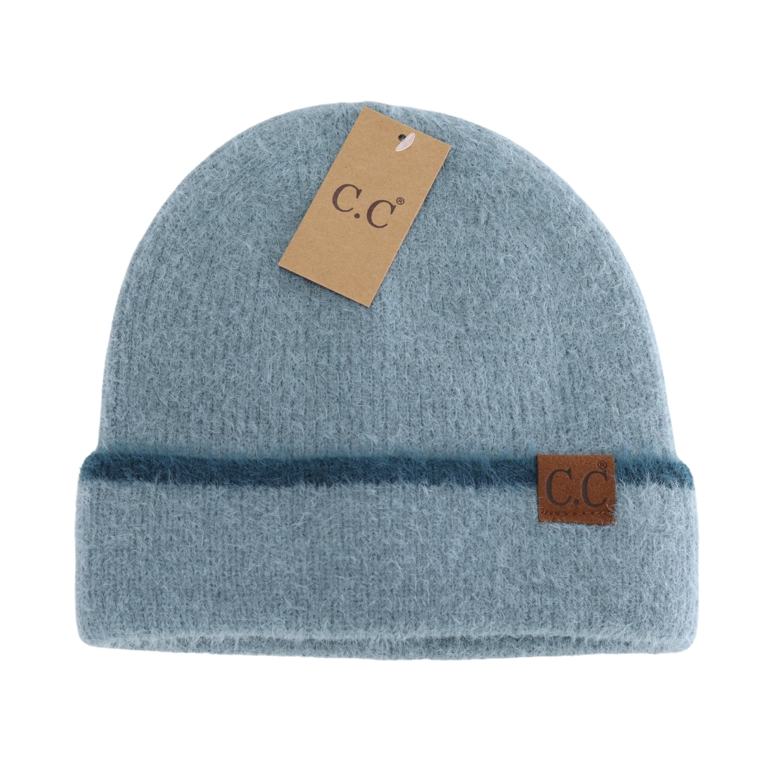 Soft Feather Yarn Striped Cuff C.C Beanie HTC0039