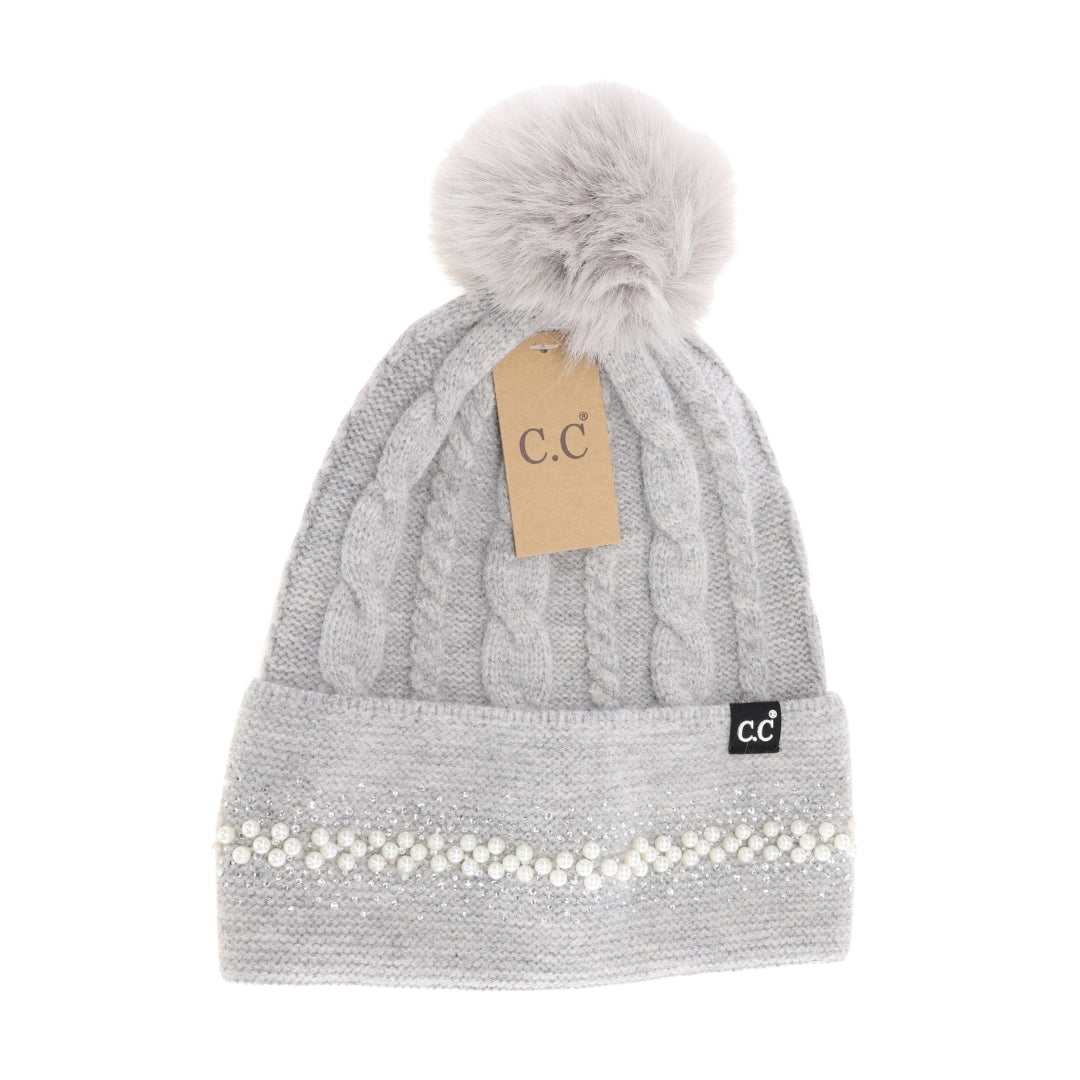 Pearl Embellished Cuff Faux Fur Pom C.C Beanie HTC0077