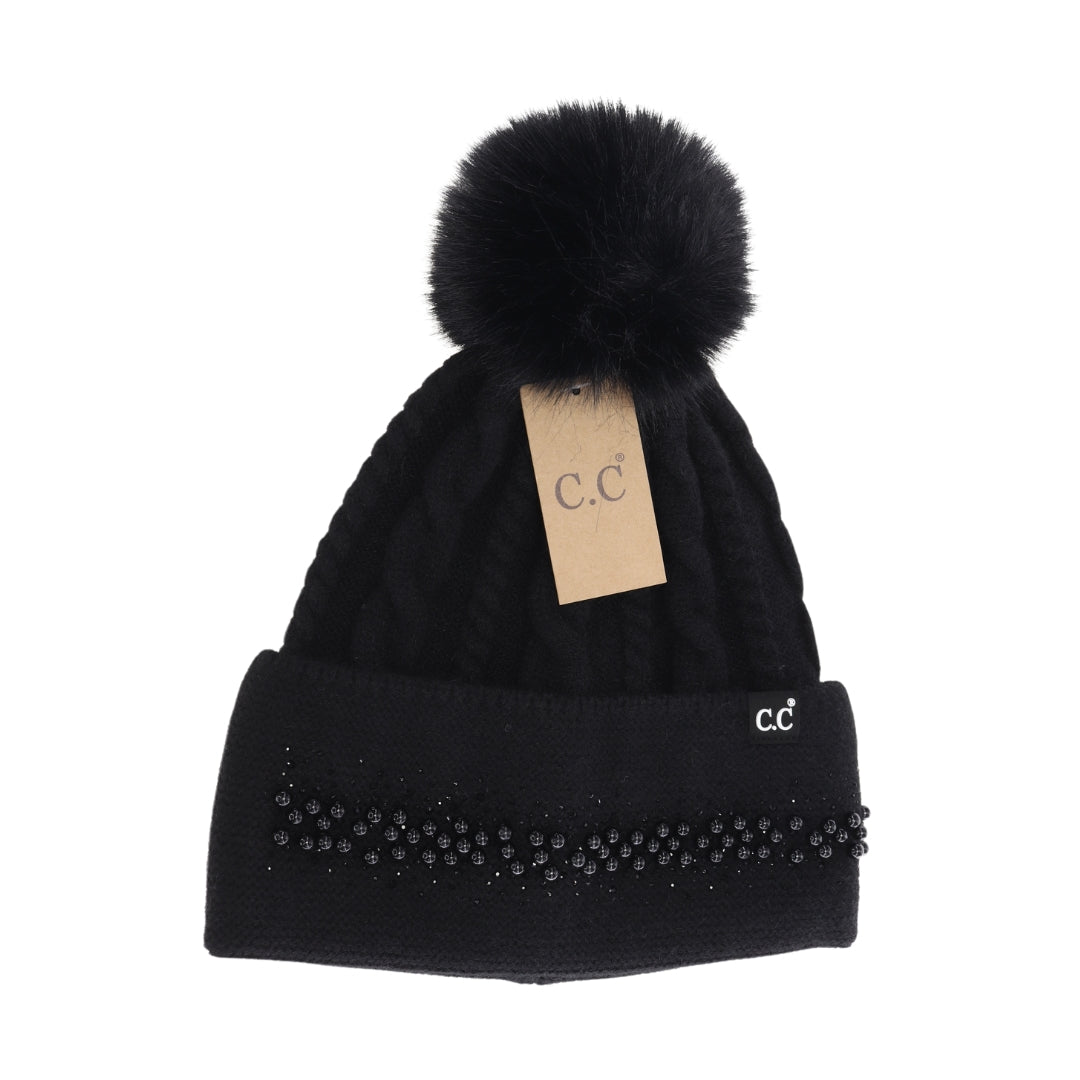 Pearl Embellished Cuff Faux Fur Pom C.C Beanie HTC0077