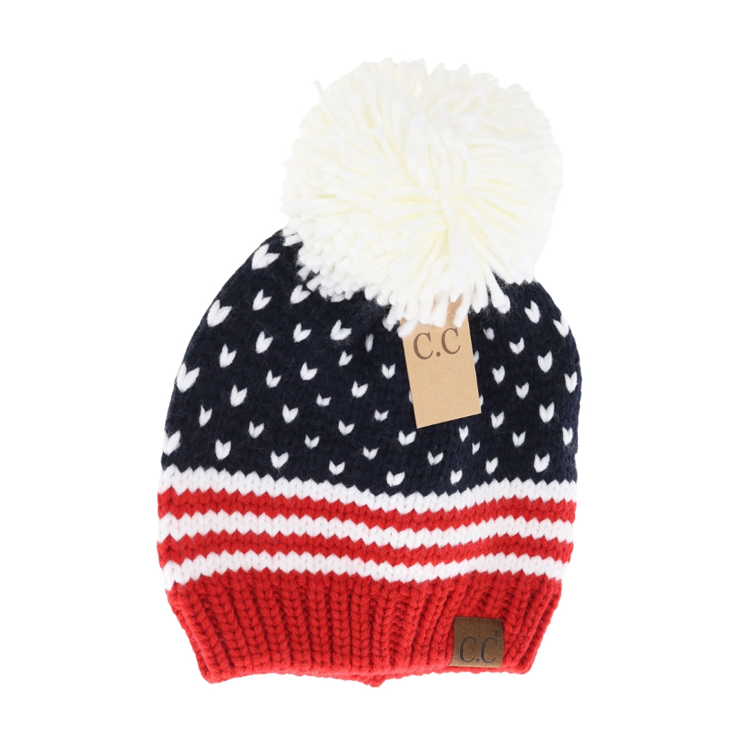 Knit American Flag Pom C.C Beanie HTE0040