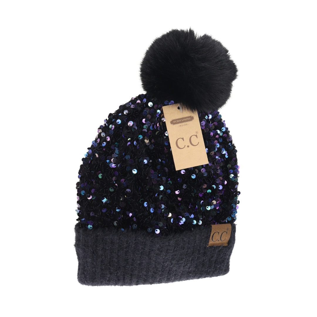 Cluster Sequin Faux Fur Pom C.C Beanie HTE0012