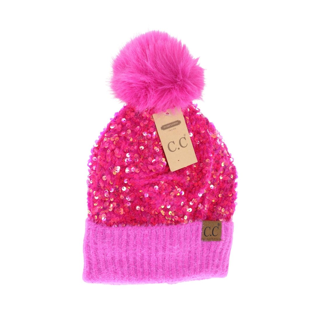 Cluster Sequin Faux Fur Pom C.C Beanie HTE0012