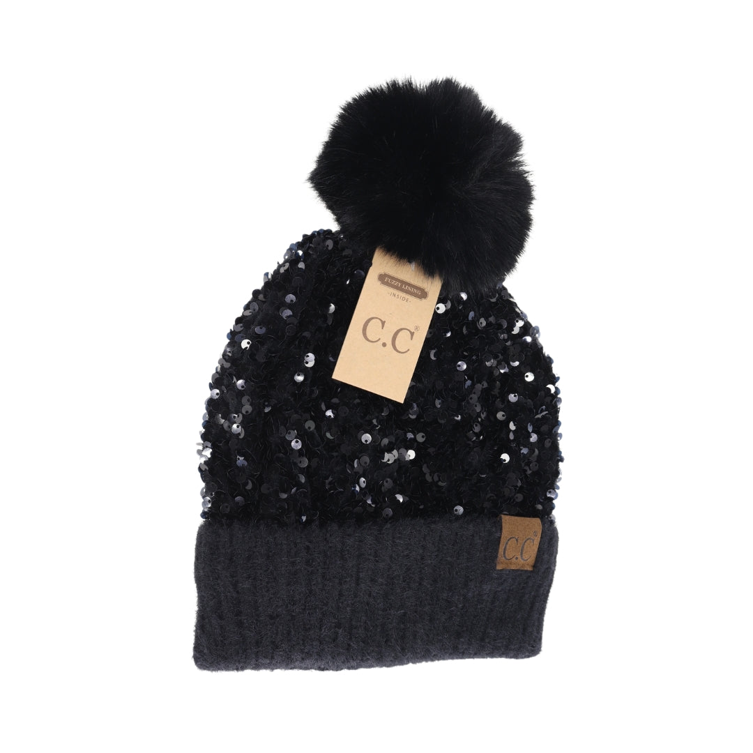 Cluster Sequin Faux Fur Pom C.C Beanie HTE0012