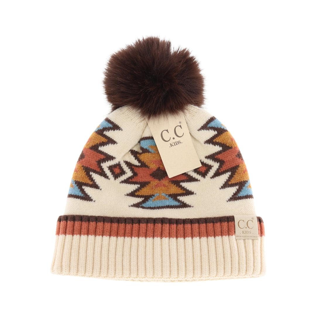 KIDS Southwestern Faux Fur Pom C.C Beanie KDHTE0030