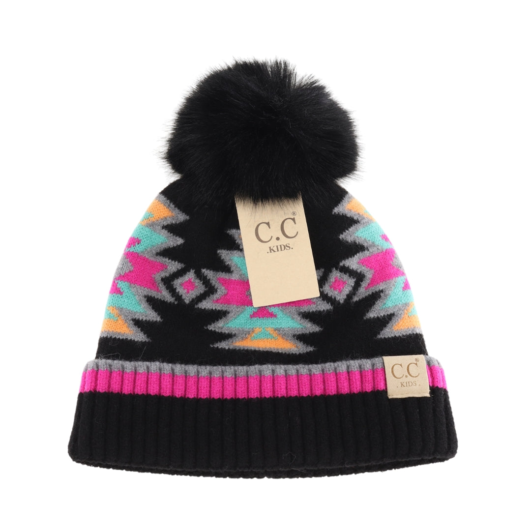 KIDS Southwestern Faux Fur Pom C.C Beanie KDHTE0030