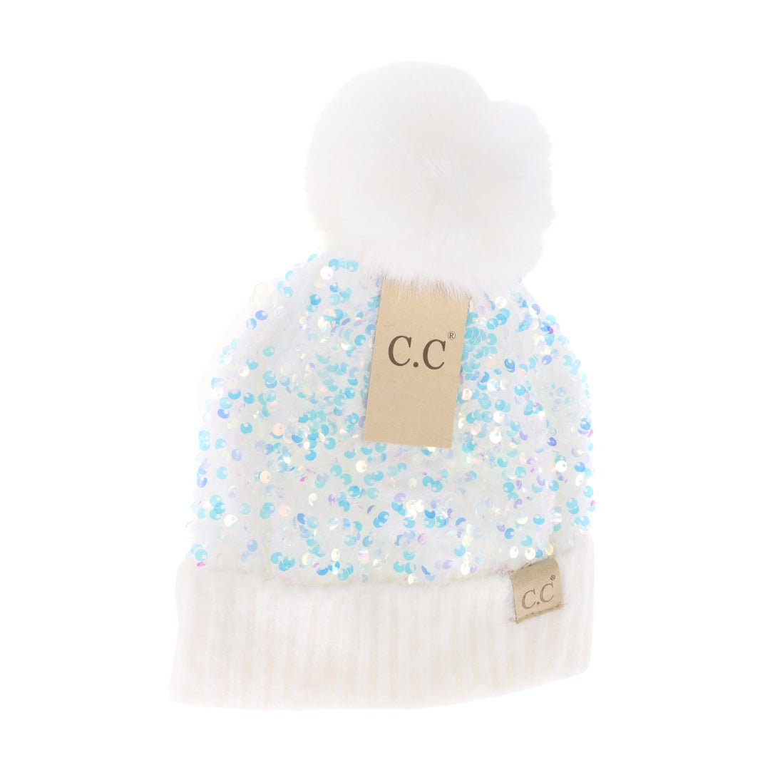 KIDS Cluster Sequin Faux Fur Pom C.C Beanie KDHTE0012