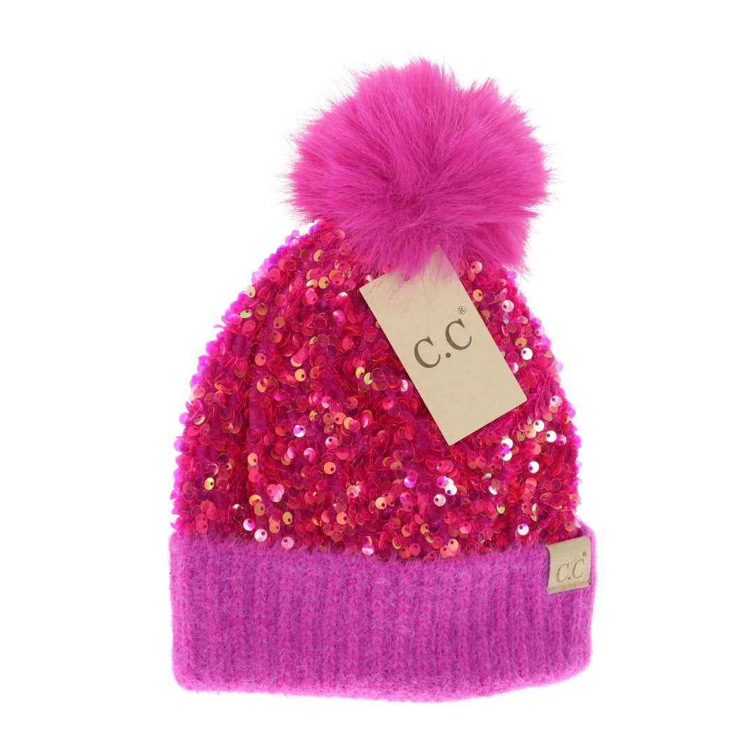 KIDS Cluster Sequin Faux Fur Pom C.C Beanie KDHTE0012