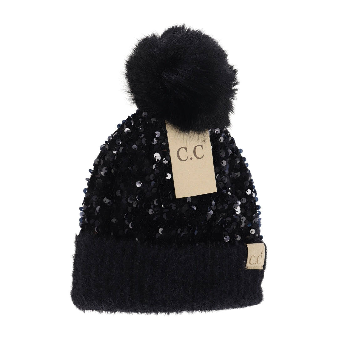 KIDS Cluster Sequin Faux Fur Pom C.C Beanie KDHTE0012