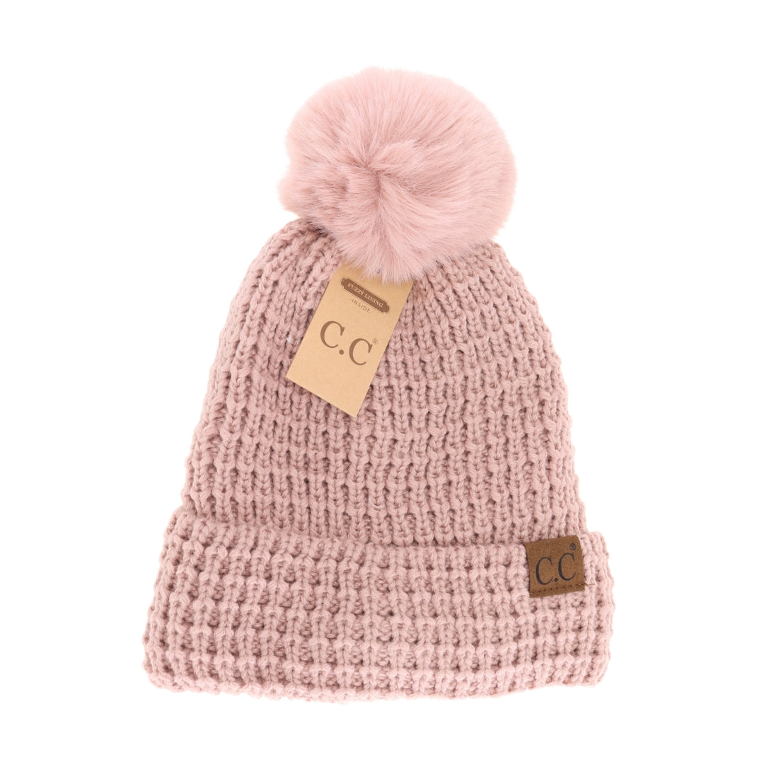 Waffle Knit Faux Fur Pom C.C Beanie HTE0032