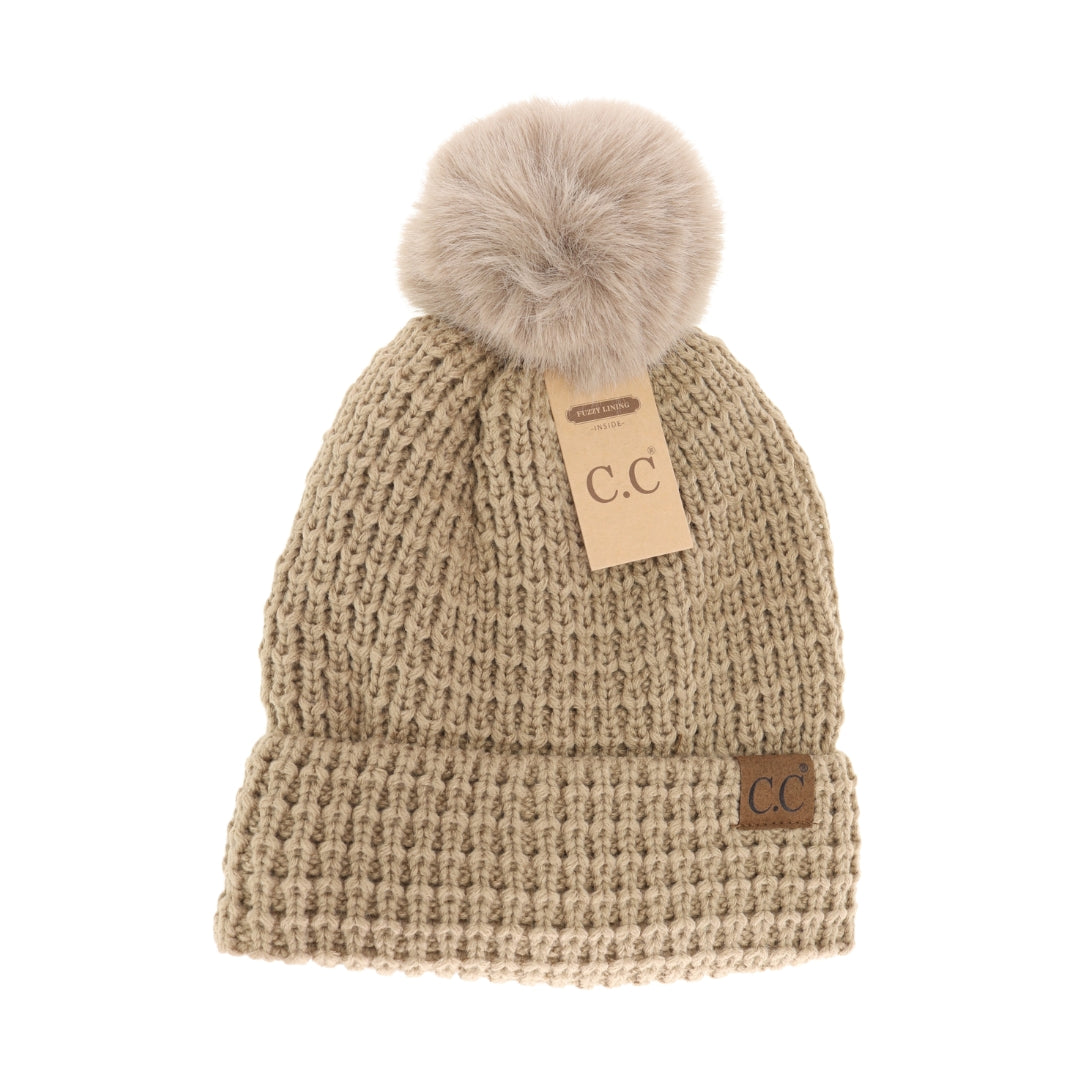 Waffle Knit Faux Fur Pom C.C Beanie HTE0032