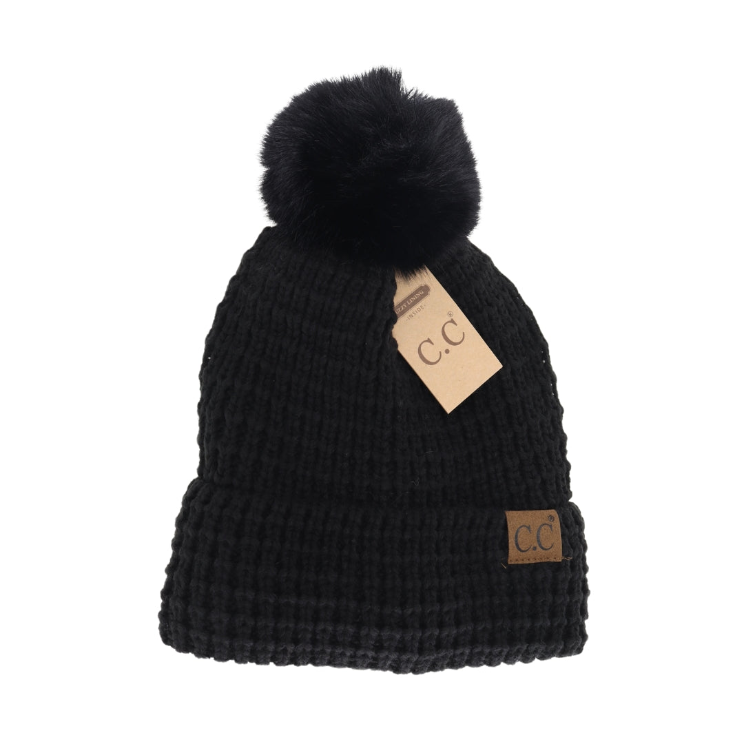 Waffle Knit Faux Fur Pom C.C Beanie HTE0032