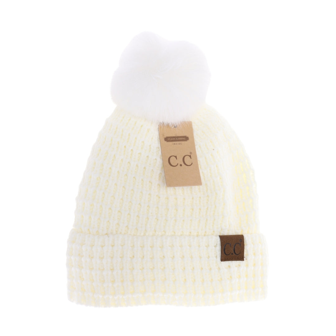 Waffle Knit Faux Fur Pom C.C Beanie HTE0032