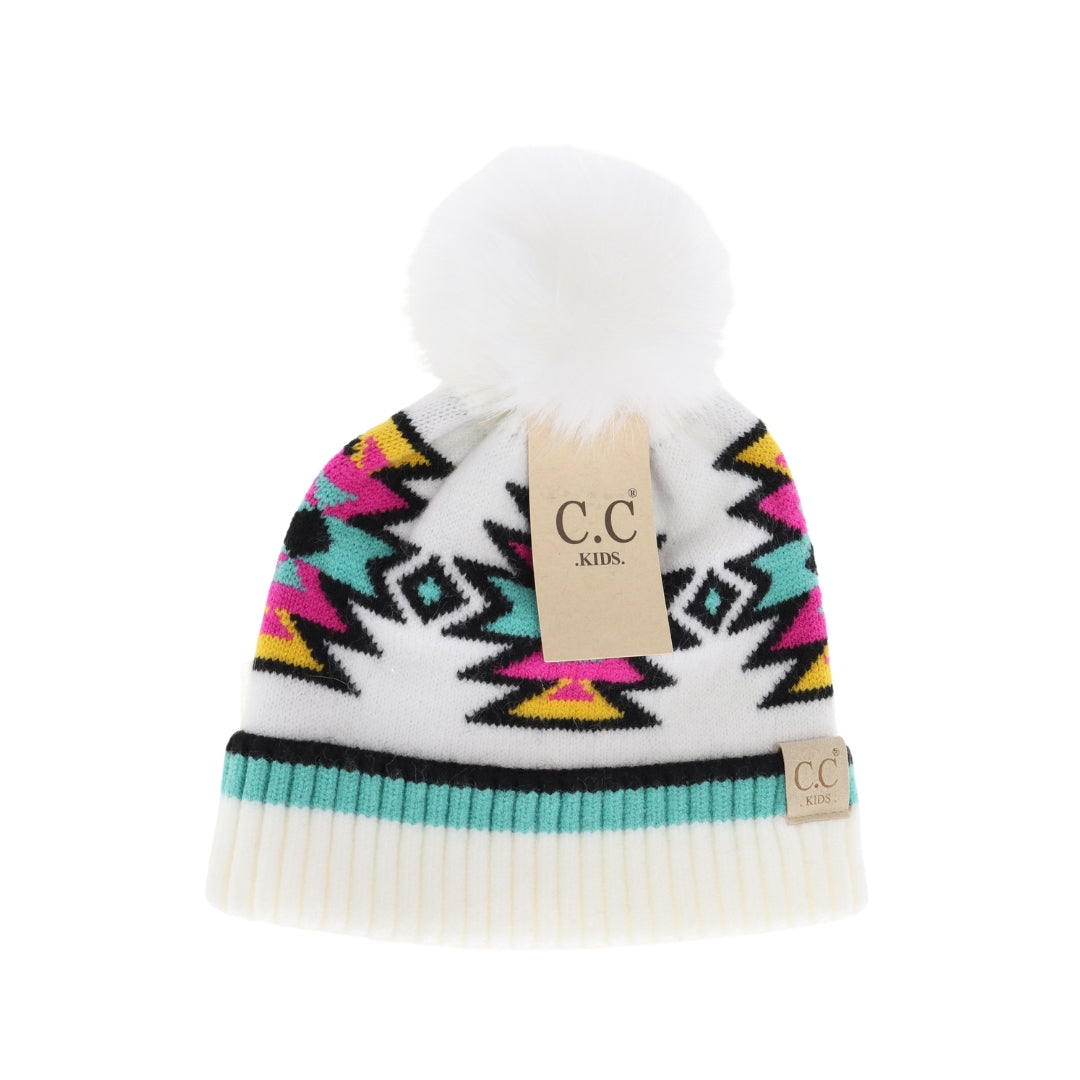 KIDS Southwestern Faux Fur Pom C.C Beanie KDHTE0030