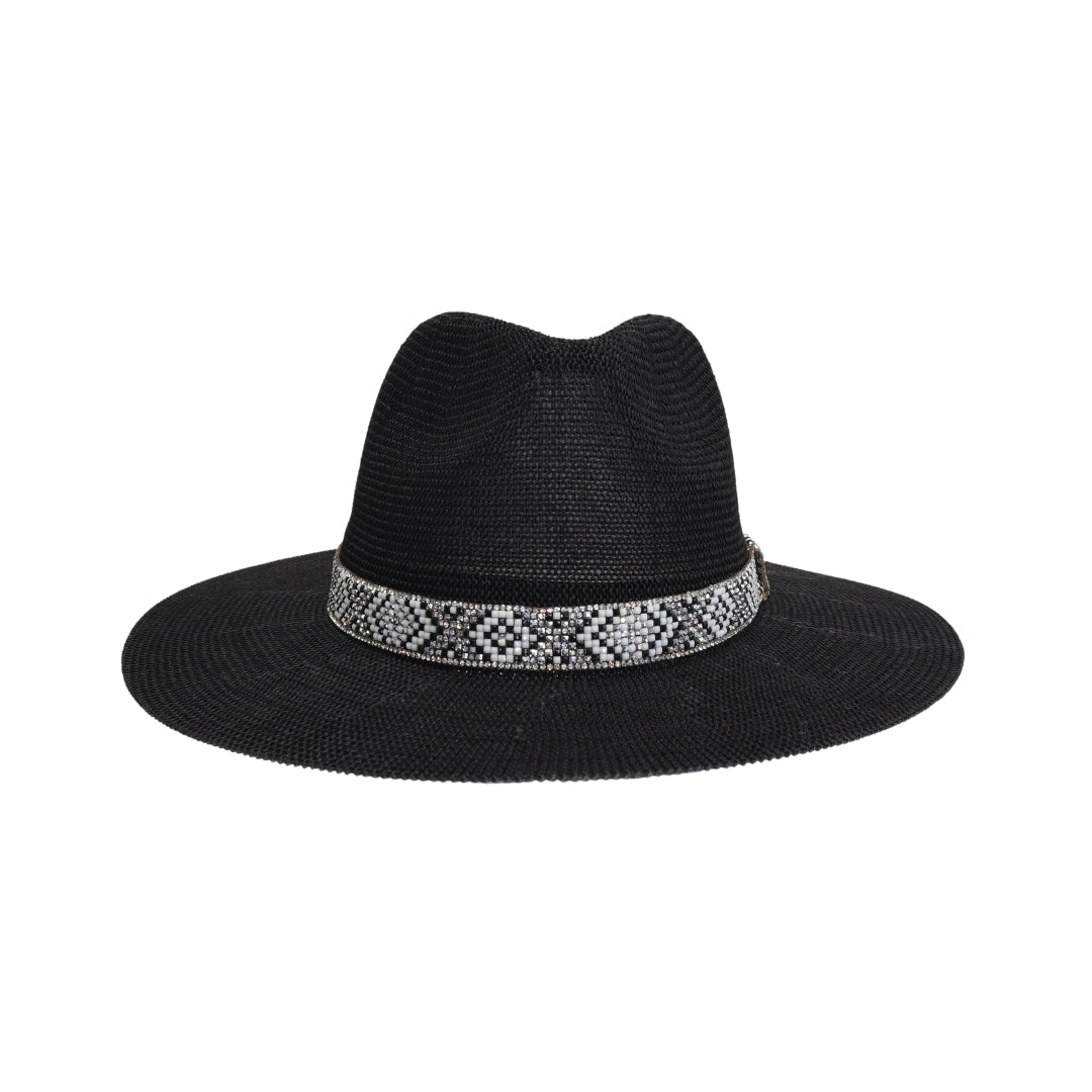 Knit Seed Bead/Rhinestone Band Panama Hat KPC0001