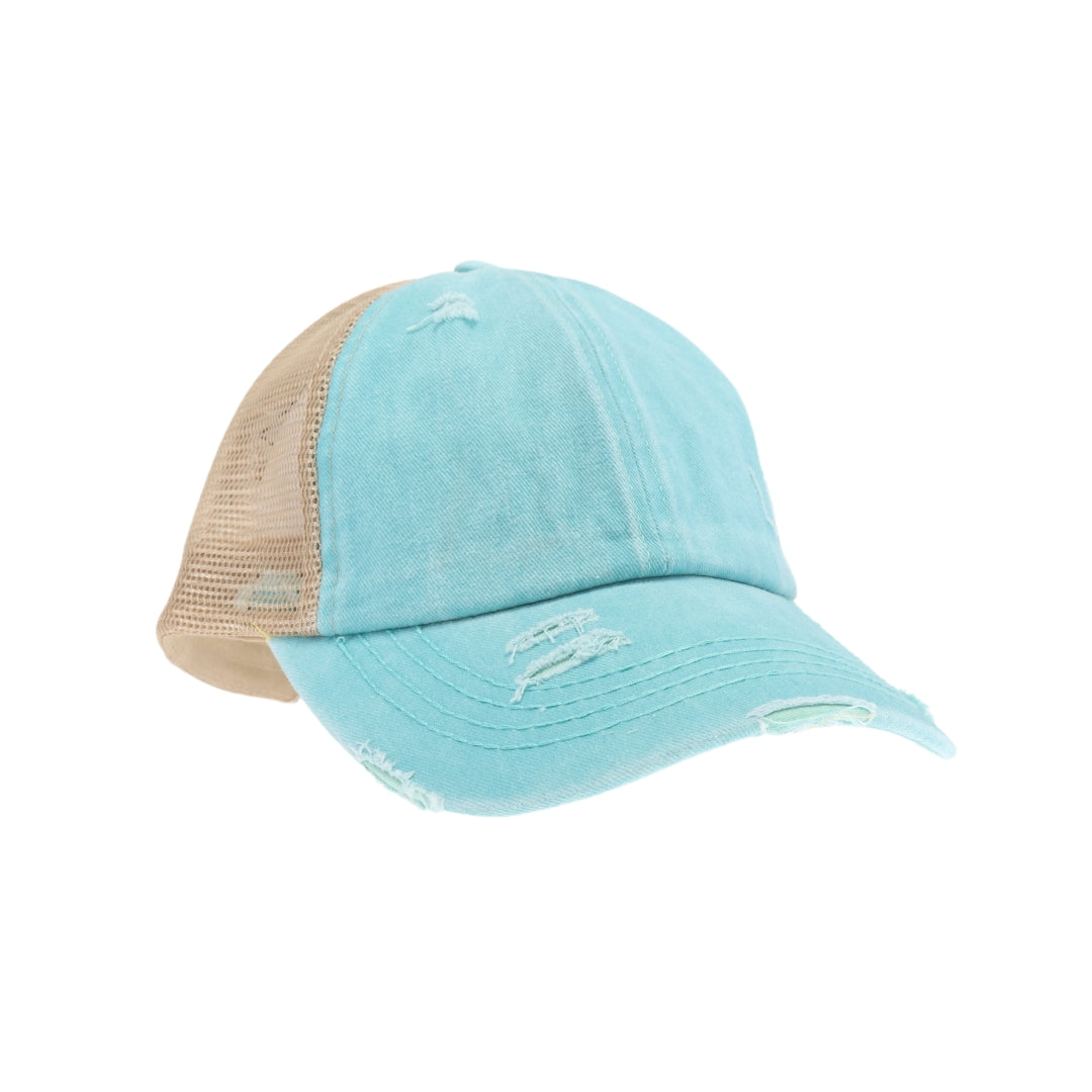 Washed Denim Criss Cross High Pony CC Ball Cap BT780