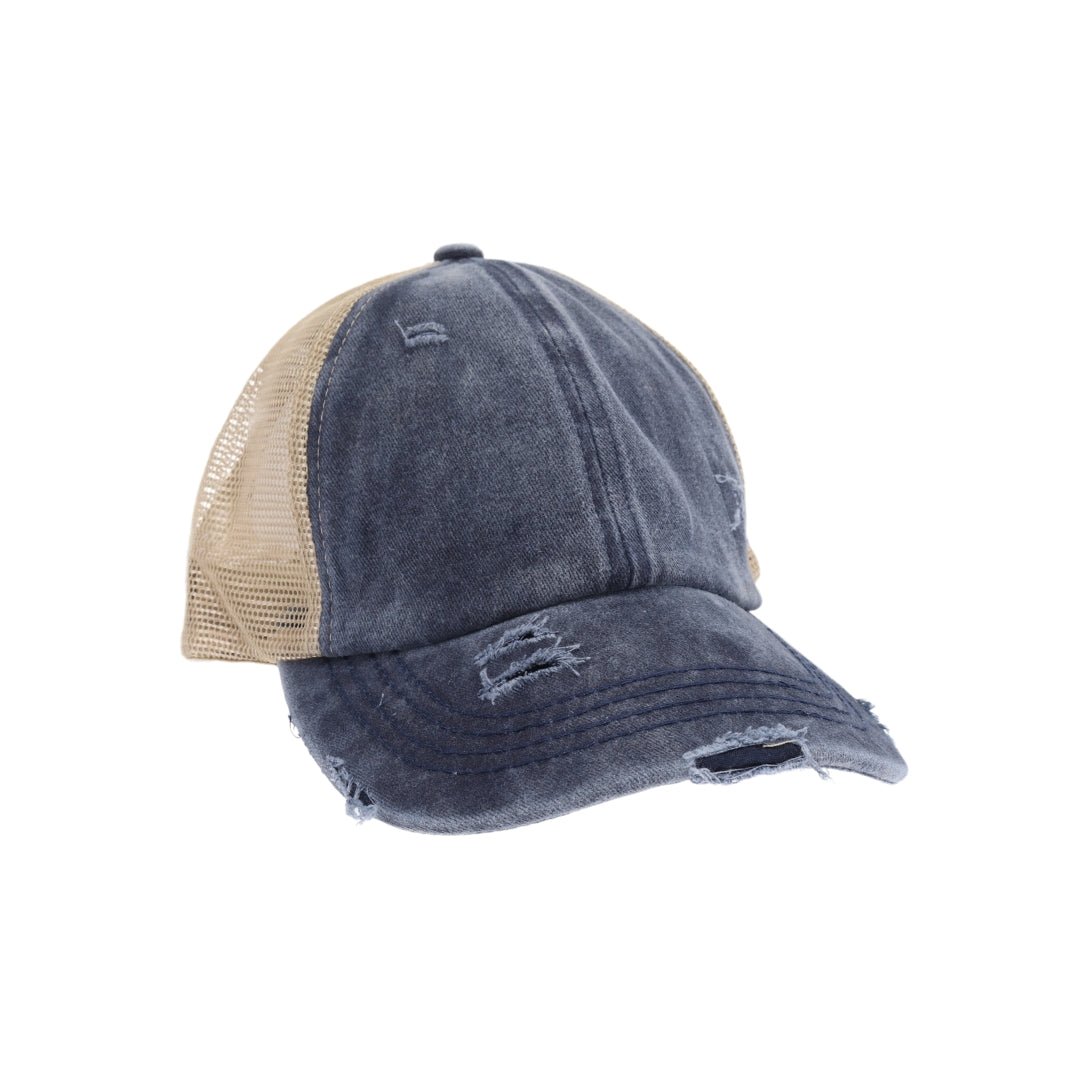 Washed Denim Criss Cross High Pony CC Ball Cap BT780