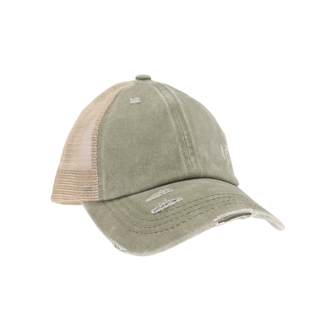 Washed Denim Criss Cross High Pony CC Ball Cap BT780