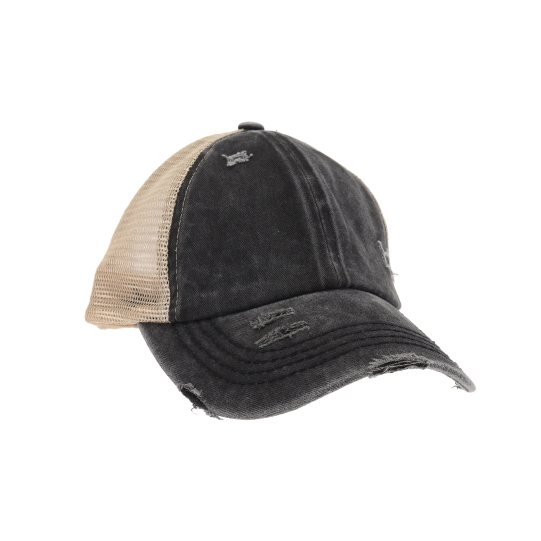 Washed Denim Criss Cross High Pony CC Ball Cap BT780