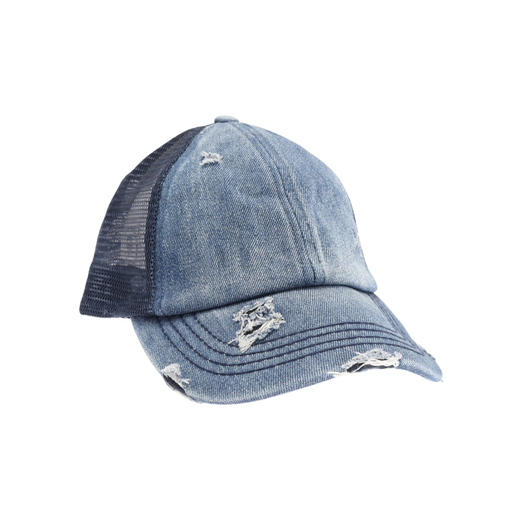 Washed Denim Criss Cross High Pony CC Ball Cap BT780