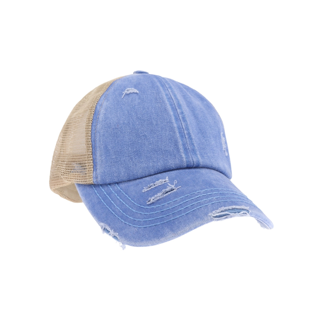 Washed Denim Criss Cross High Pony CC Ball Cap BT780