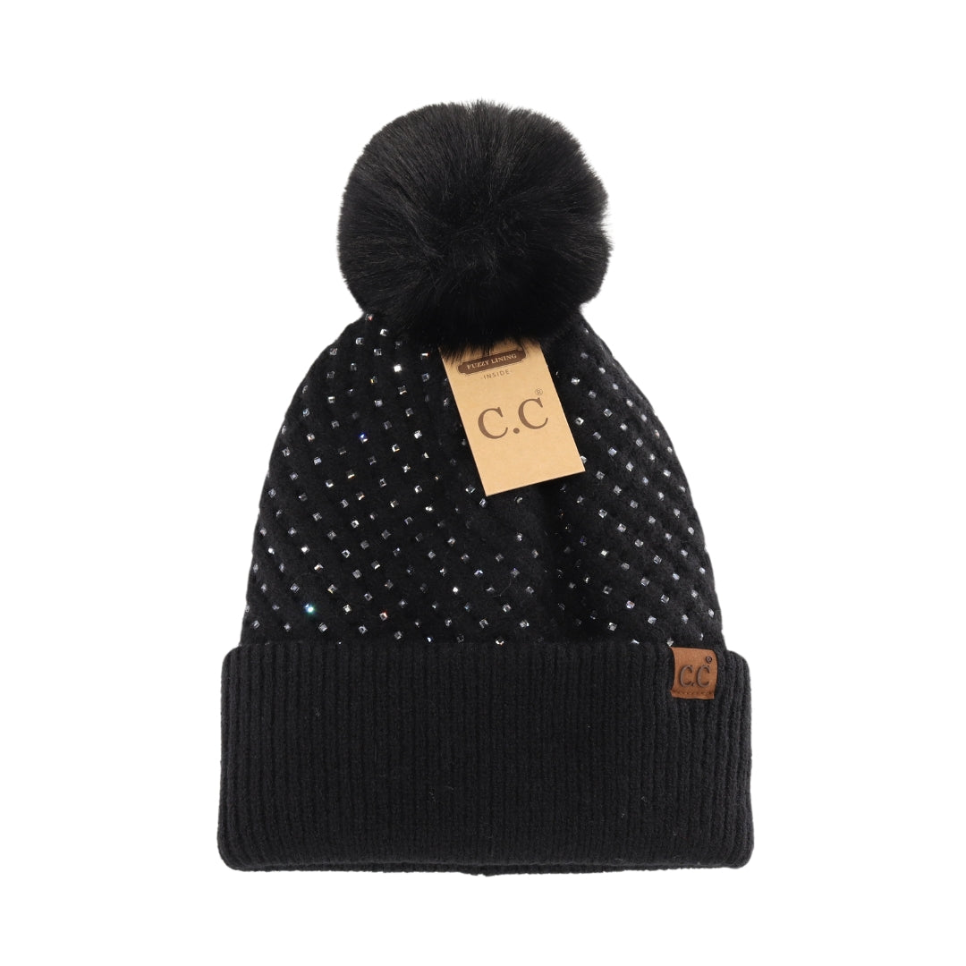 Allover Rhinestone C.C Faux Fur Pom Beanie HTE0101