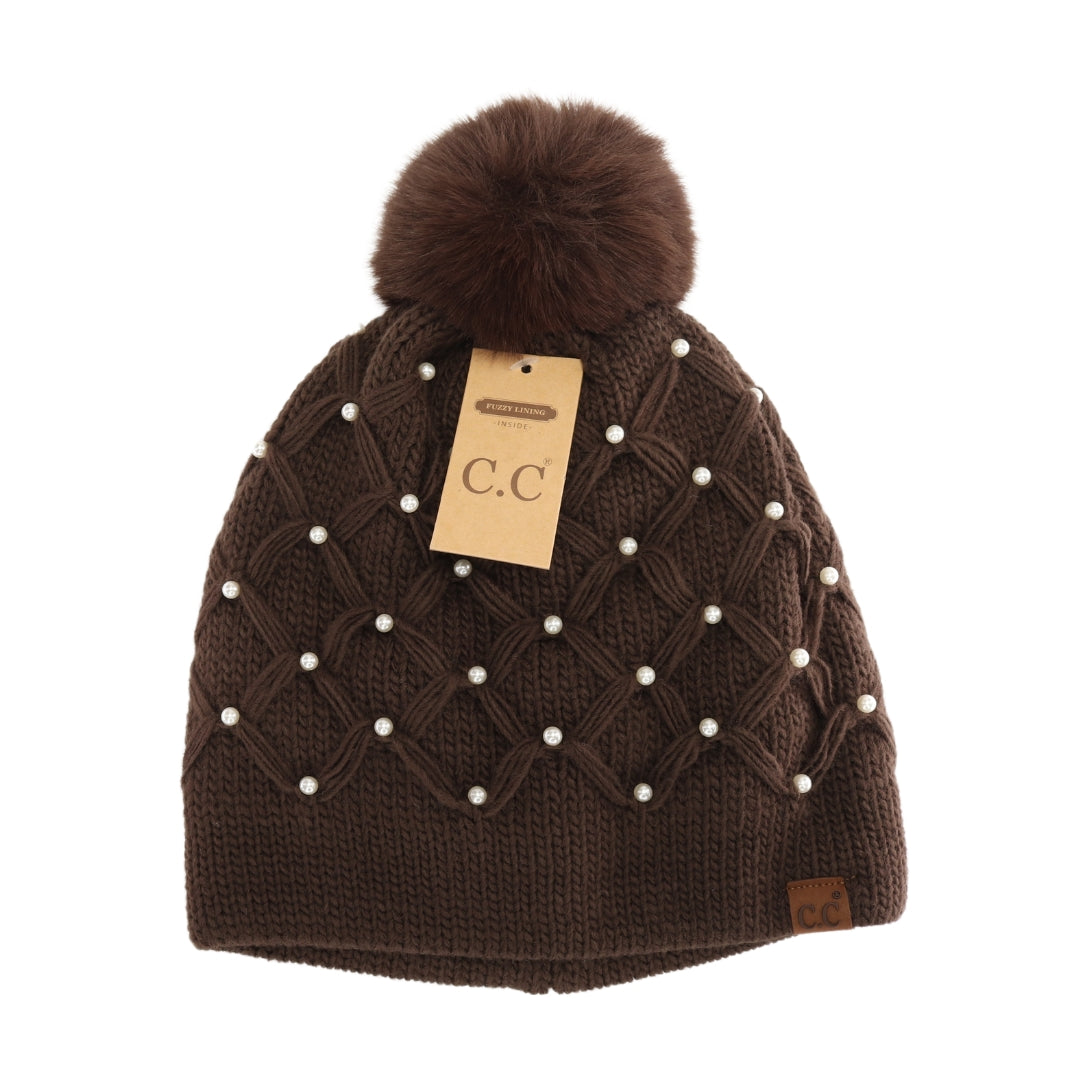 Allover Pearl Crochet C.C Faux Fur Pom Beanie HTE0128