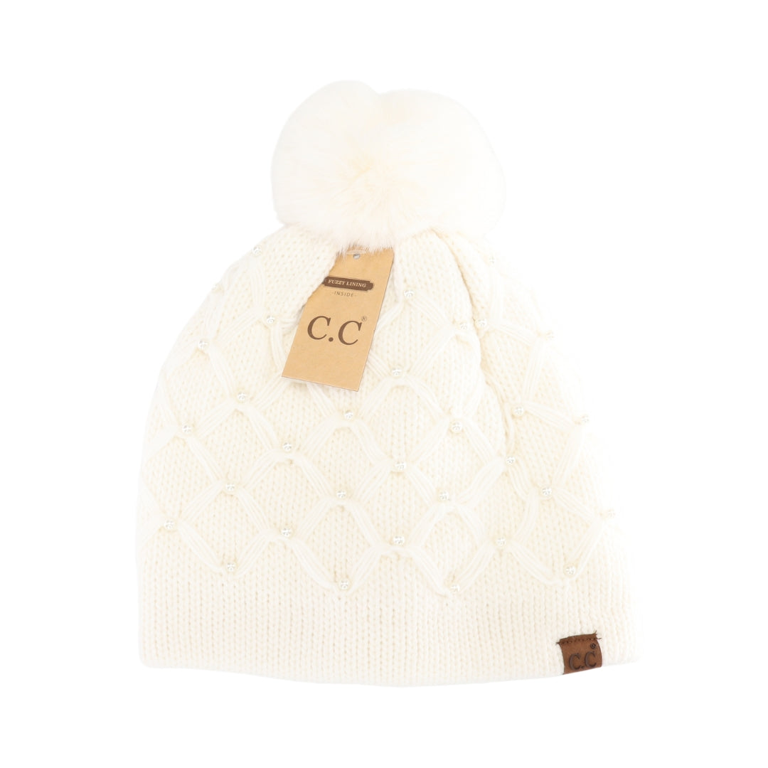 Allover Pearl Crochet C.C Faux Fur Pom Beanie HTE0128