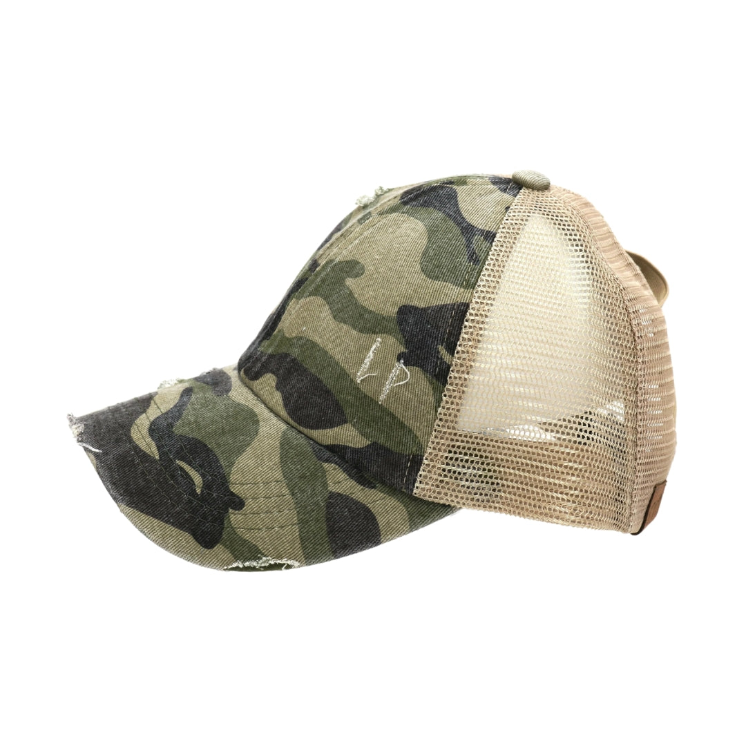 Distressed Camouflage Criss-Cross High Ponytail CC Ball Cap BT783