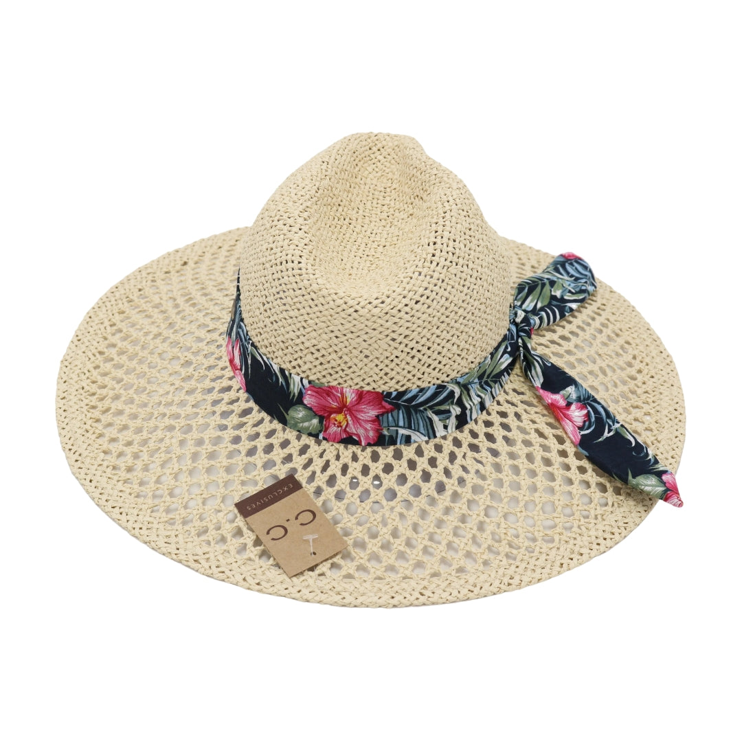 Tropical Floral Print Band Trim Panama Hat ST906