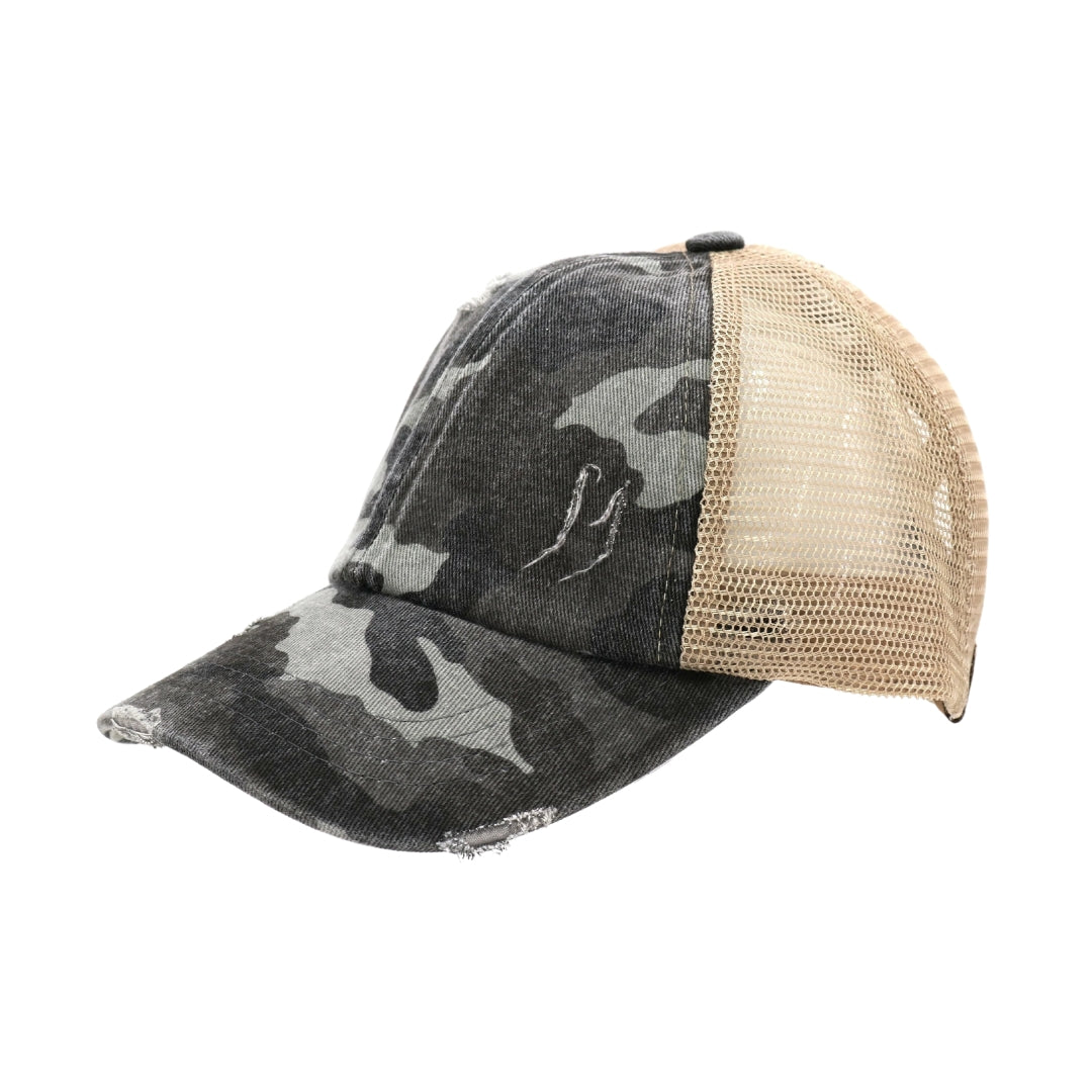 Distressed Camouflage Criss-Cross High Ponytail CC Ball Cap BT783