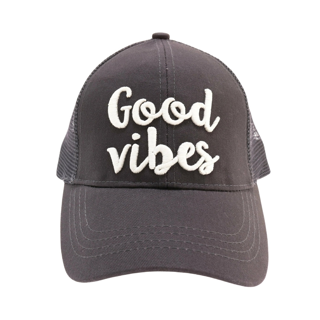 Good Vibes Embroidered Mesh Back High Ponytail CC Ball Cap BT10-GV