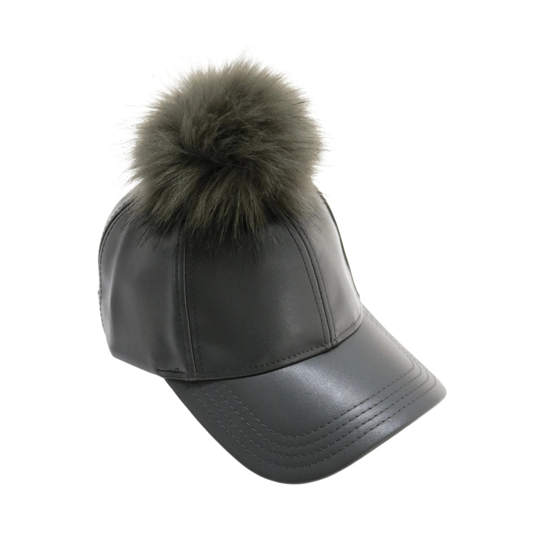 Faux Leather Fur Pom CC Ball Cap BA13