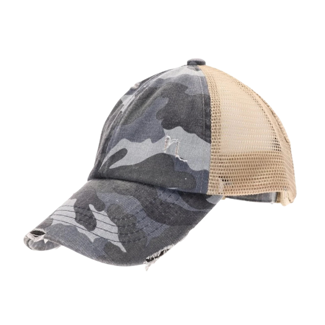 KIDS Distressed Camouflage Criss-Cross High Ponytail CC Ball Cap KIDSBT783