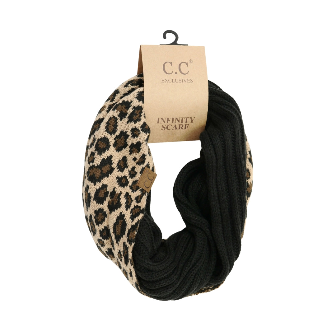 Ribbed Knit Leopard Accent CC Infinity Scarf SF80