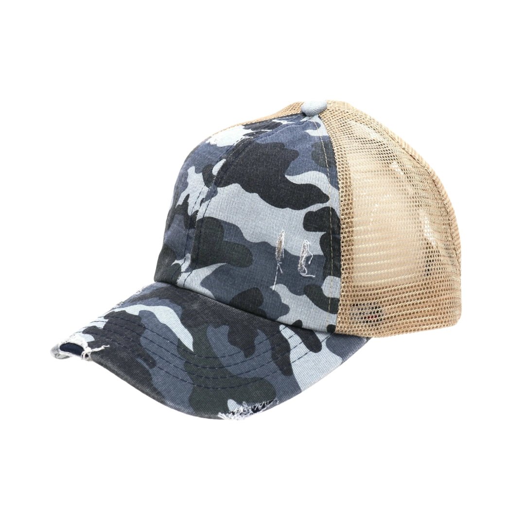 Distressed Camouflage Criss-Cross High Ponytail CC Ball Cap BT783
