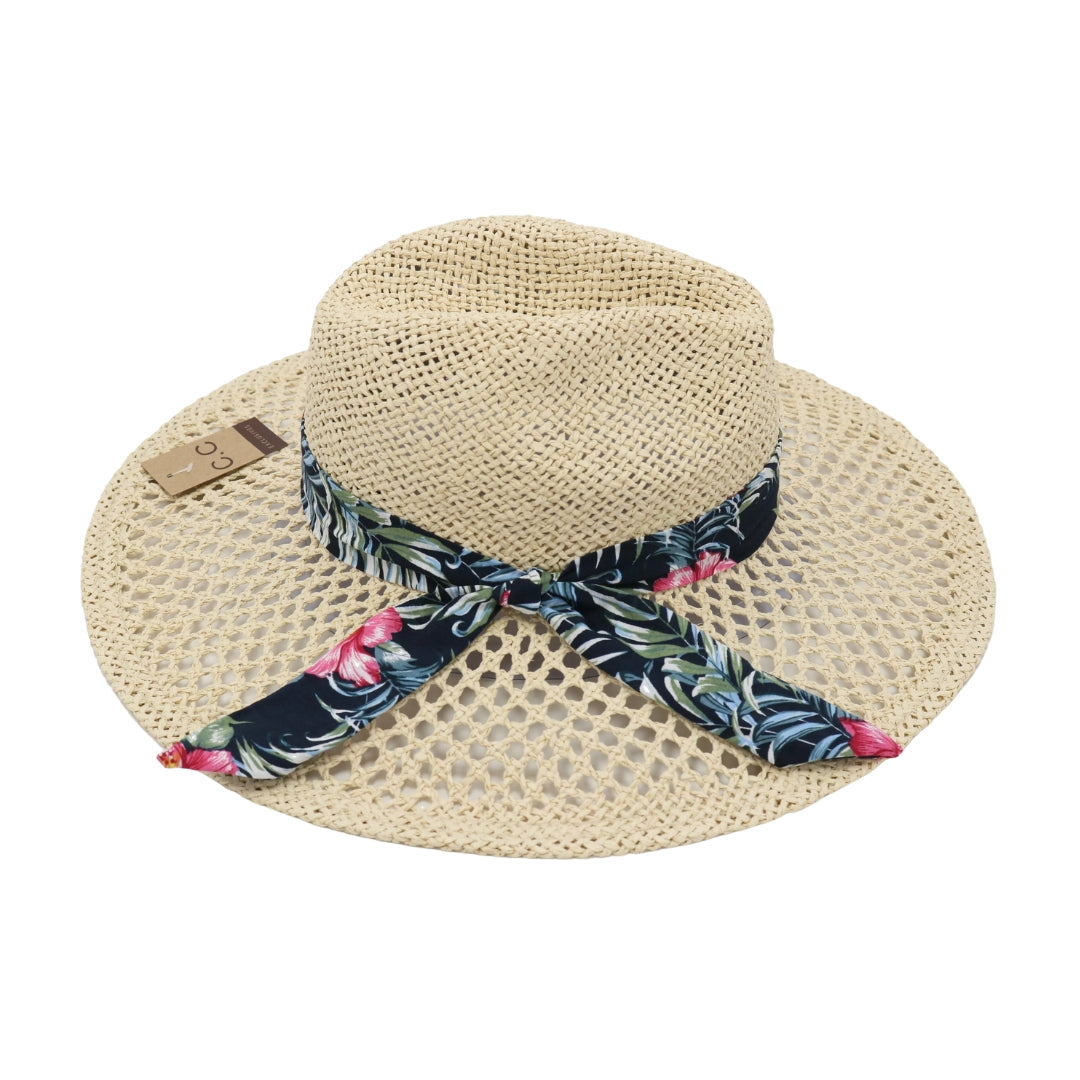 Tropical Floral Print Band Trim Panama Hat ST906