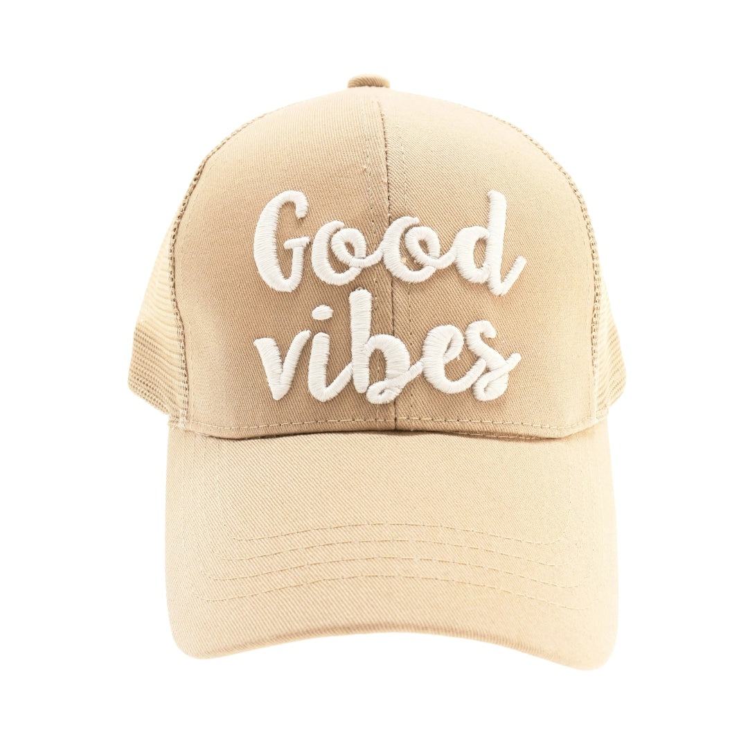 Good Vibes Embroidered Mesh Back High Ponytail CC Ball Cap BT10-GV