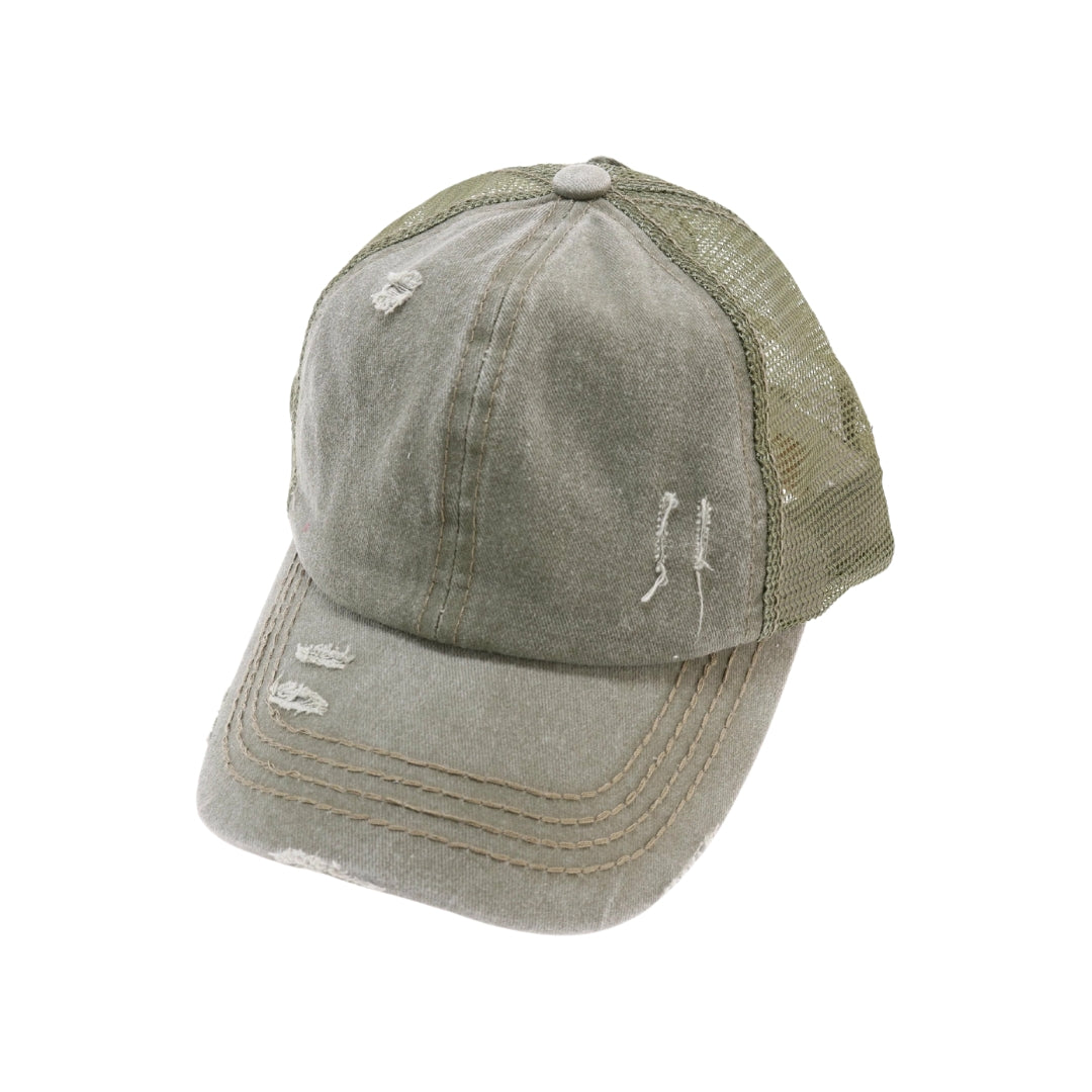 Distressed Mesh Back High Pony CC Ball Cap BT13