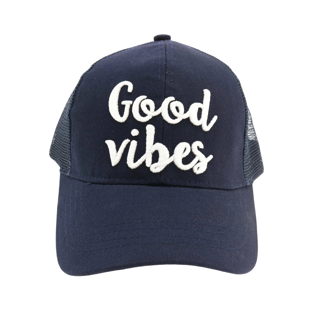 Good Vibes Embroidered Mesh Back High Ponytail CC Ball Cap BT10-GV