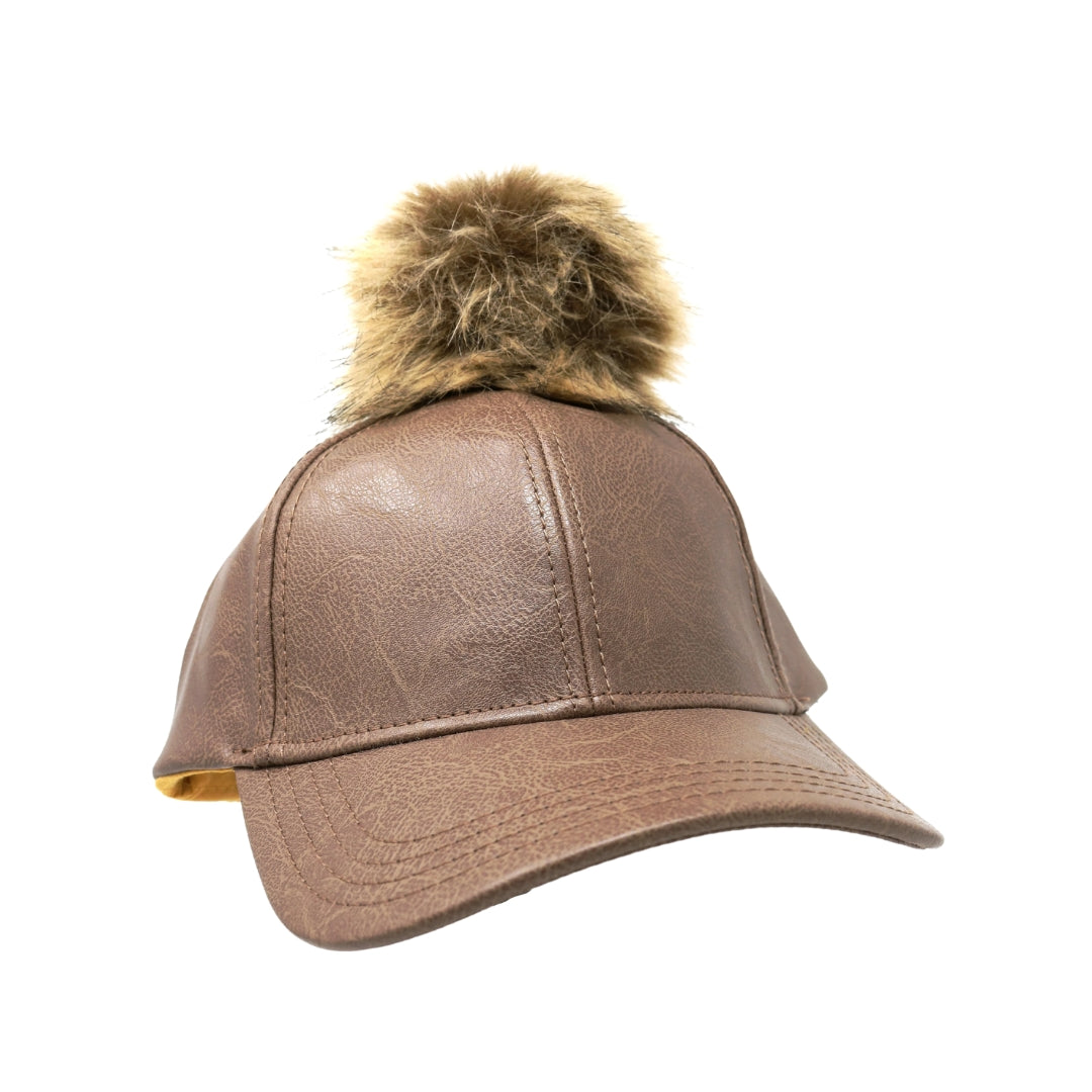 Faux Leather Fur Pom CC Ball Cap BA13