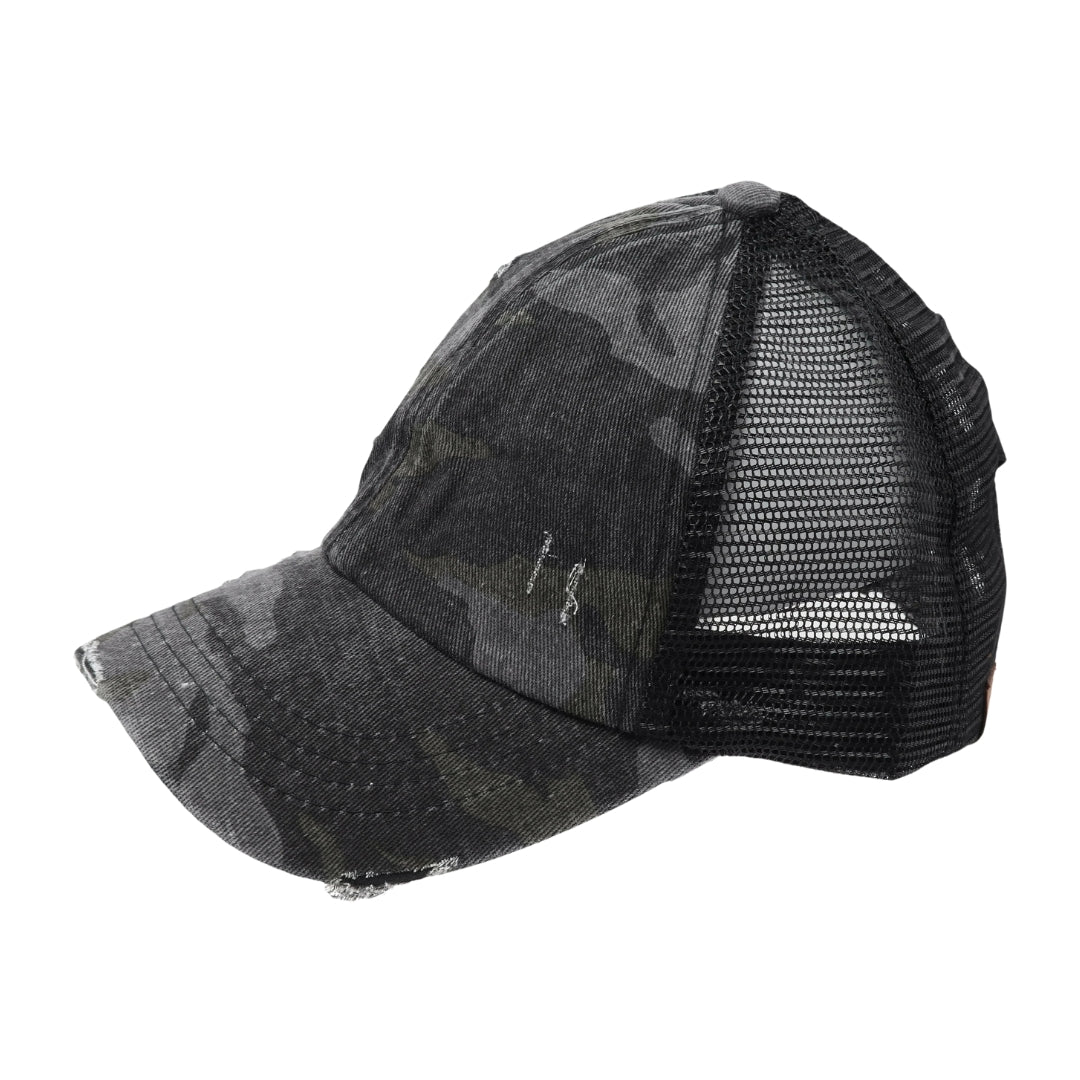 Distressed Camouflage Criss-Cross High Ponytail CC Ball Cap BT783