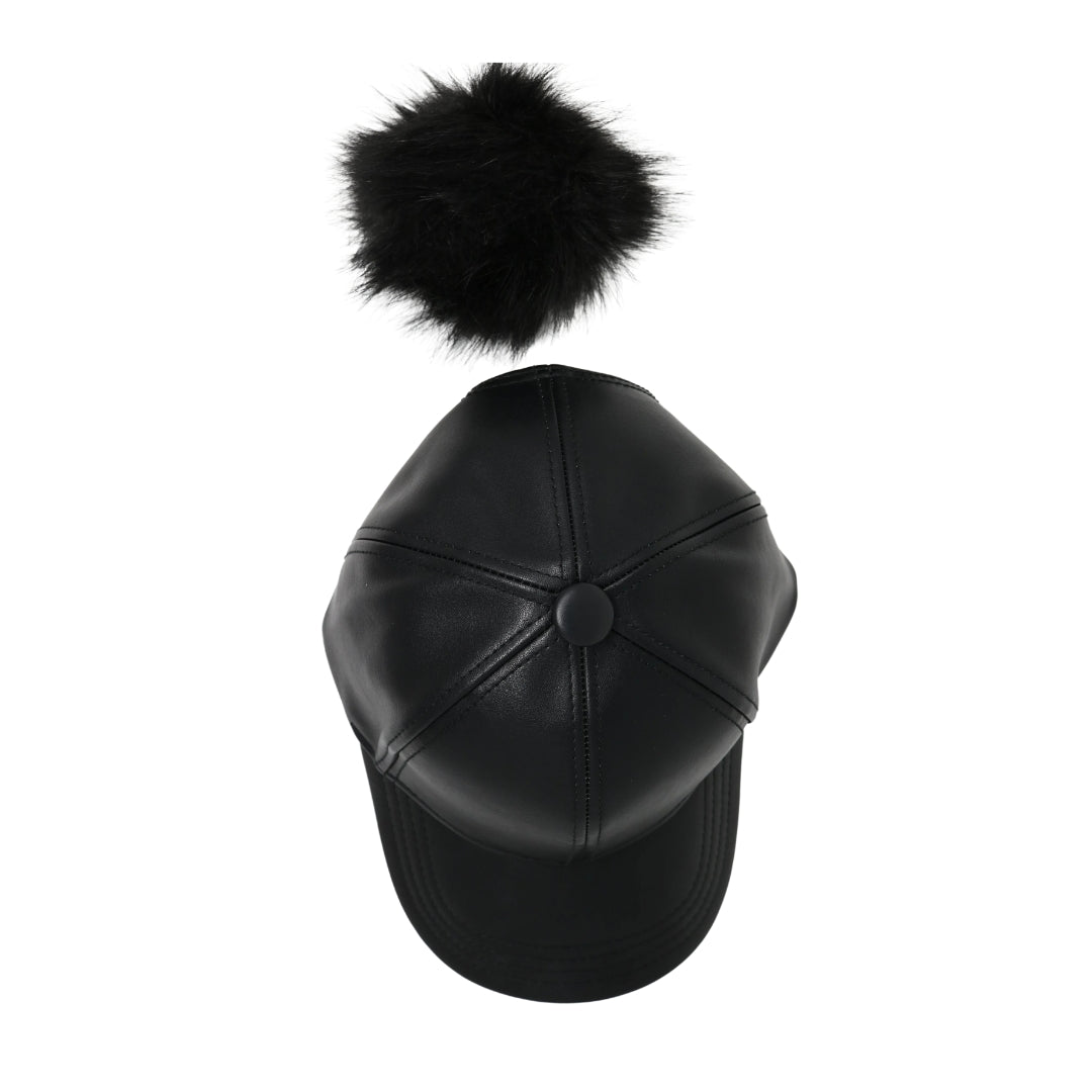 Faux Leather Fur Pom CC Ball Cap BA13